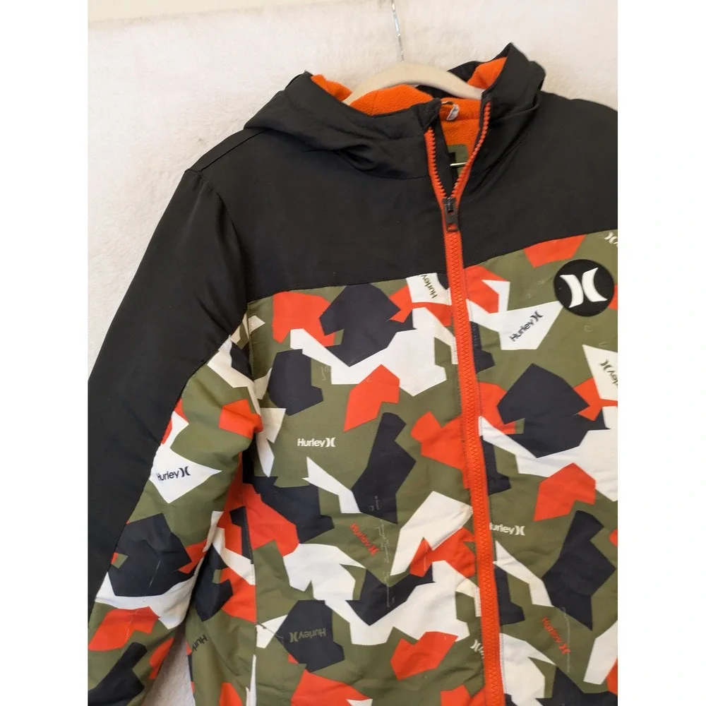 Hurley Puffer Jacket Kid's L (14/16) Green Orange Camo Hooded Fleece Lined‎